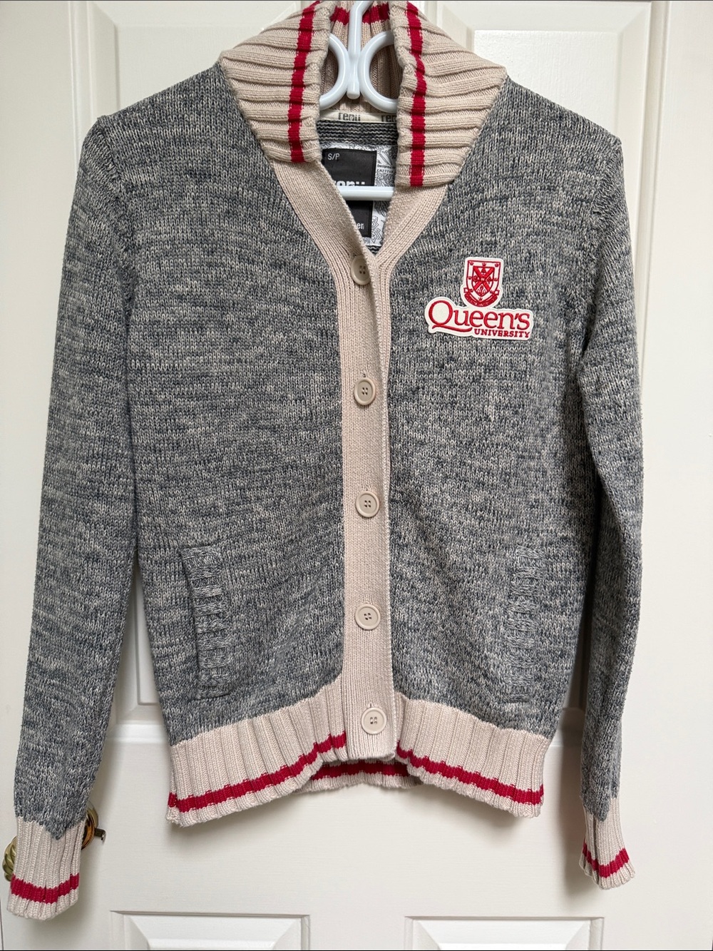 Queen's University Gray heather cardi w red trim Embroidered logo 100% cotton